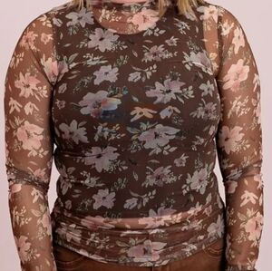 NWT New In Floral Mesh L/S Top Chocolate Brown Pastel Pink Size Small Balletcore
